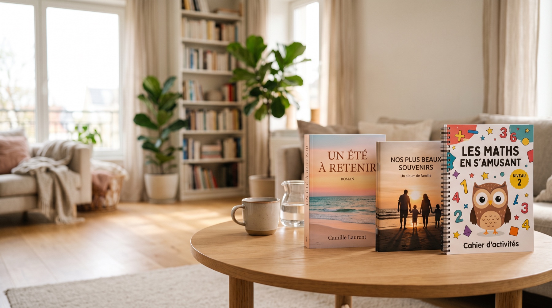 Trois livres imprimés · un roman en dos carré collé, un album agrafé et un cahier à spirale · posés sur une table dans un salon lumineux