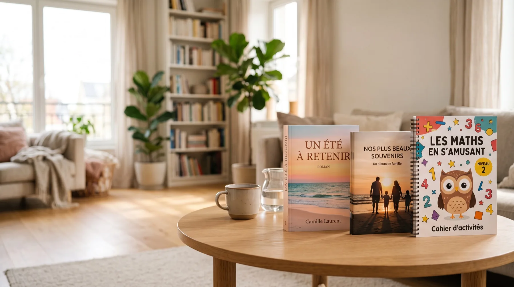 Trois livres imprimés · un roman en dos carré collé, un album agrafé et un cahier à spirale · posés sur une table dans un salon lumineux